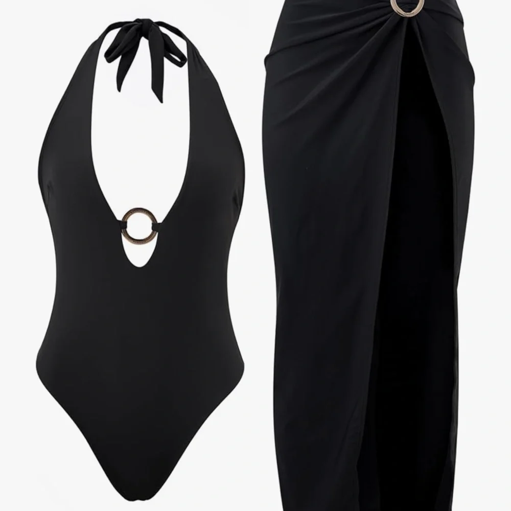 Black Halter One-Piece Swimsuit with Skirt
